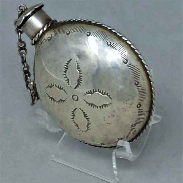 Old Pawn Navajo Silver Canteen with Great Stamp and Rope Work