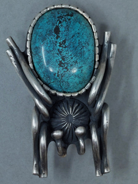 VINTAGE NAVAJO STERLING SILVER SPIDER BELT BUCKLE & SPIDERWEB TURQUOISE SIGNED