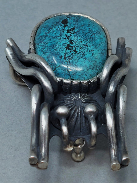 VINTAGE NAVAJO STERLING SILVER SPIDER BELT BUCKLE & SPIDERWEB TURQUOISE SIGNED
