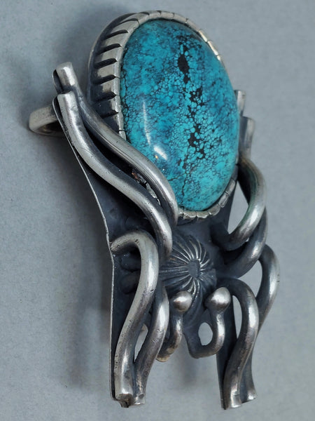 VINTAGE NAVAJO STERLING SILVER SPIDER BELT BUCKLE & SPIDERWEB TURQUOISE SIGNED