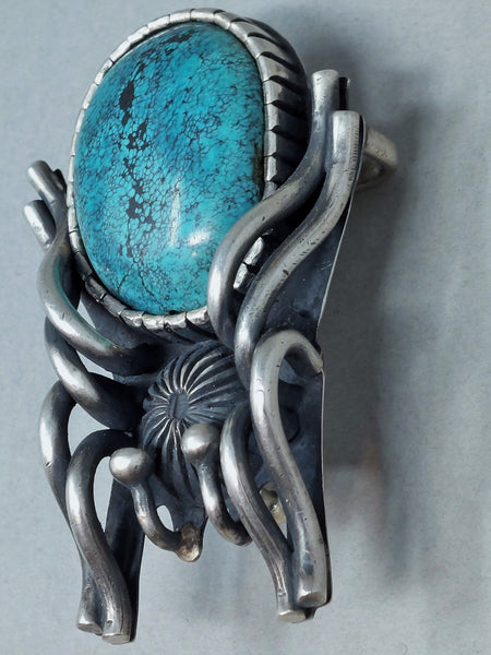 VINTAGE NAVAJO STERLING SILVER SPIDER BELT BUCKLE & SPIDERWEB TURQUOISE SIGNED