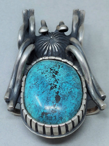 VINTAGE NAVAJO STERLING SILVER SPIDER BELT BUCKLE & SPIDERWEB TURQUOISE SIGNED