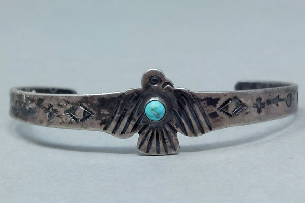 vintage Fred Harvey era Navajo Sterling Silver Turquoise Thunderbird  Cuff Bracelet