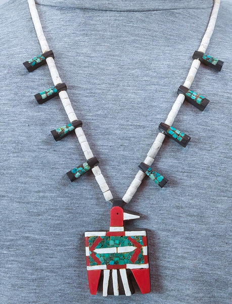 Vintage Santa Domingo Turquoise Inlay Thunderbird Necklace