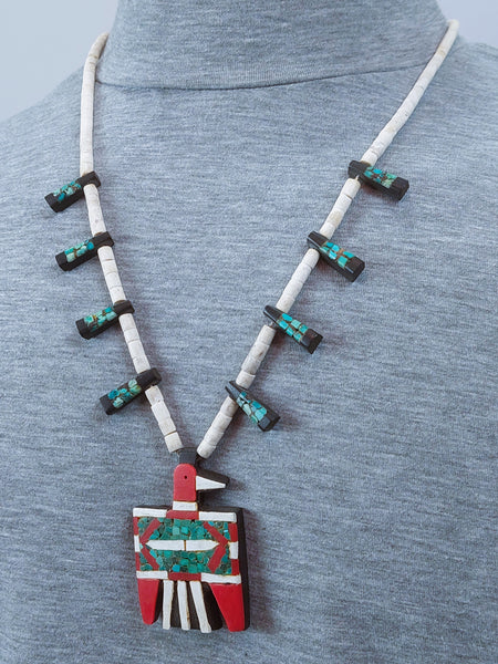 Vintage Santa Domingo Turquoise Inlay Thunderbird Necklace