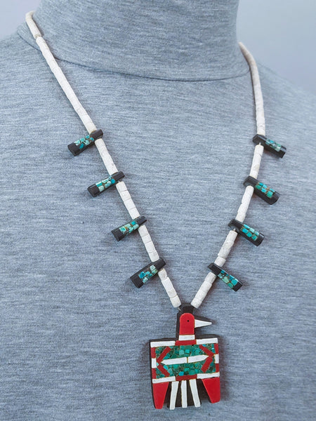 Vintage Santa Domingo Turquoise Inlay Thunderbird Necklace