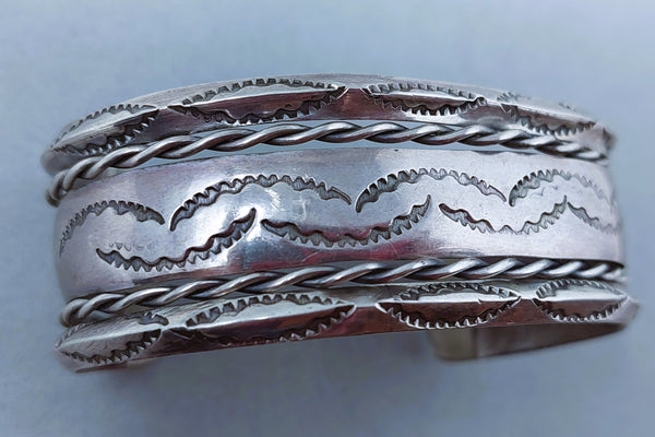 Navajo Sterling Silver Stamped & Braided Wire Cuff Bracelet