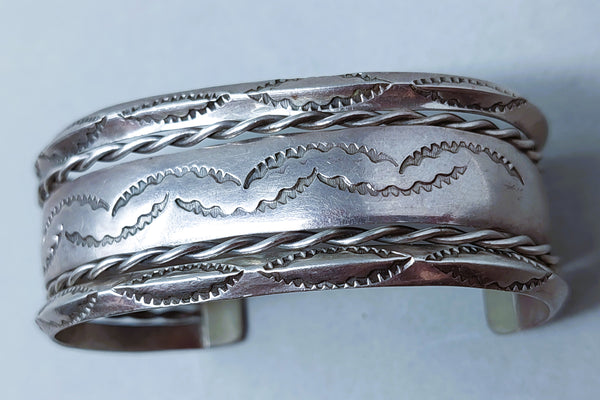 Navajo Sterling Silver Stamped & Braided Wire Cuff Bracelet