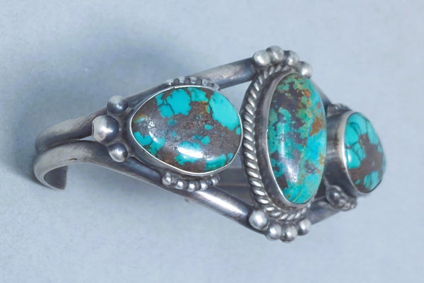 Navajo Sterling Silver & Turquoise 3 stone Cuff Bracelet