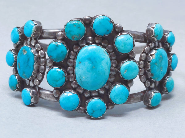 Navajo Sterling Silver & Turquoise Floral Cuff Bracelet