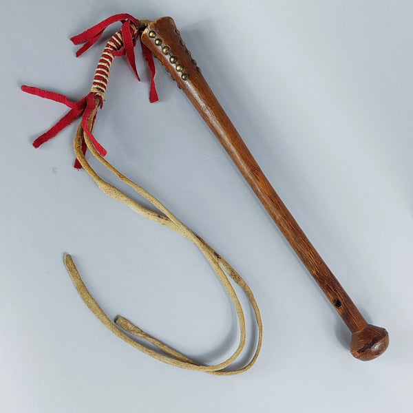 Native American Crow Brass Tacked Wooden Quirt with Cochineal Stroud Wrapped Leather Strap