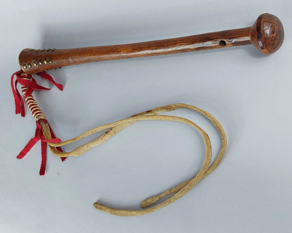 Native American Crow Brass Tacked Wooden Quirt with Cochineal Stroud Wrapped Leather Strap