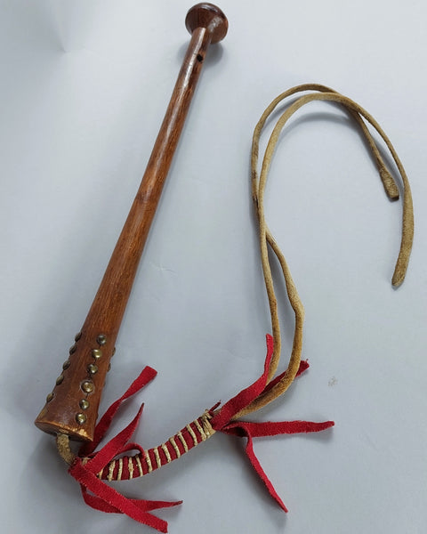 Native American Crow Brass Tacked Wooden Quirt with Cochineal Stroud Wrapped Leather Strap