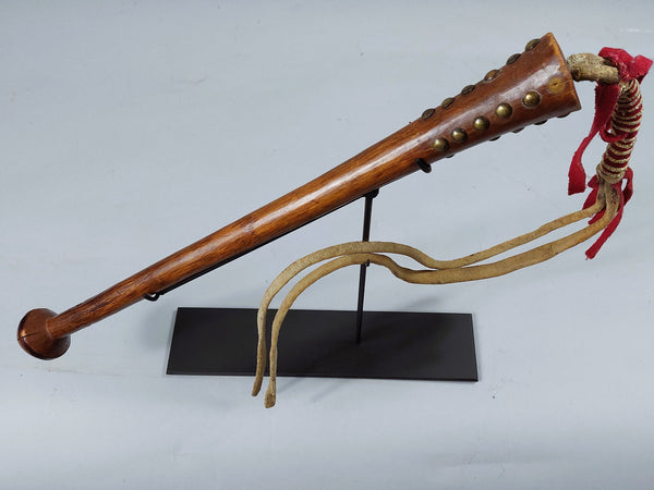 Native American Crow Brass Tacked Wooden Quirt with Cochineal Stroud Wrapped Leather Strap