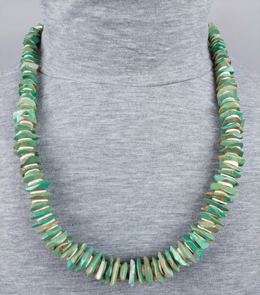 Turquoise Tab Necklace with Heishi discs 28" Oal