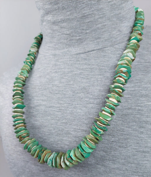 Turquoise Tab Necklace with Heishi discs 28" Oal