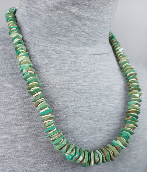 Turquoise Tab Necklace with Heishi discs 28" Oal