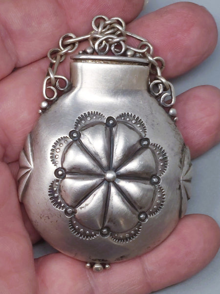 Early Small Navajo Silver Canteen Stamped Oval Mouth