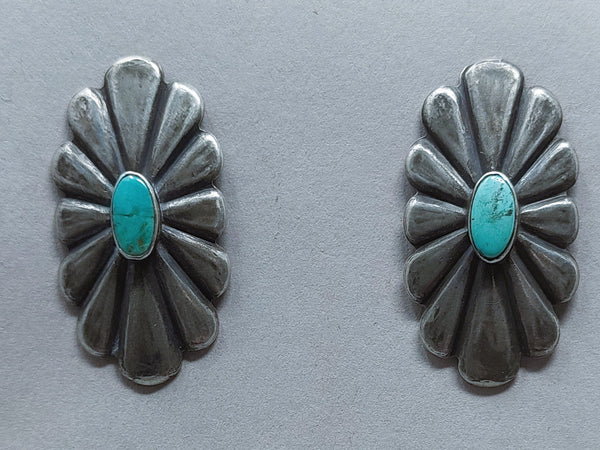 Navajo Sterling Silver & Turquoise Wrought Concho Post Earrings