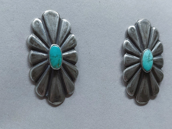 Navajo Sterling Silver & Turquoise Wrought Concho Post Earrings