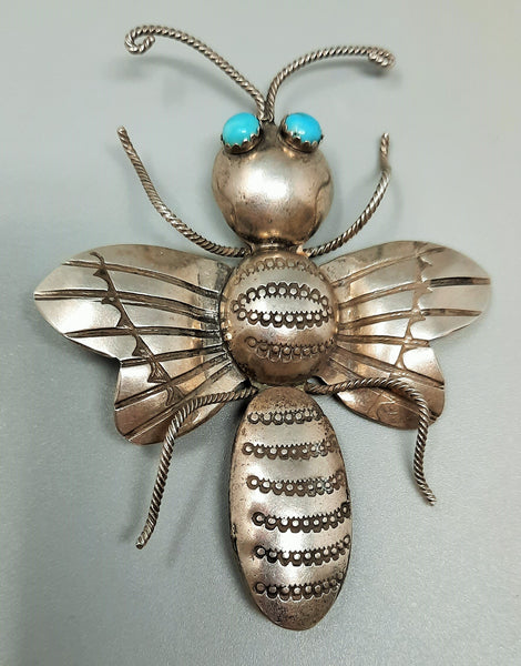 Vintage Southwest Navajo Silver & Turquoise BEE Pin Brooch