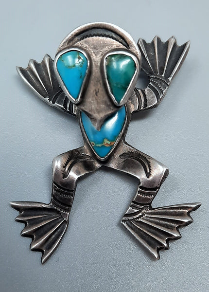 Vintage Navajo Silver & Turquoise Frog Fred Harvey Pin Brooch