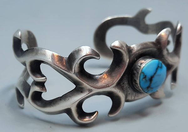 Old Pawn Cast Navajo Silver and Turquoise Cuff Bracelet