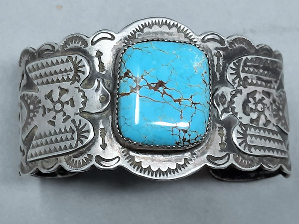 Wide Fred Harvey  Navajo Silver and Turquoise Cuff Bracelet with Thunderbirds