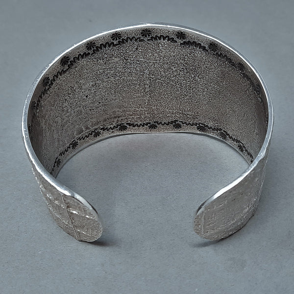 Large Navajo Silver Cuff Bracelet with Plaid Design by Gino Antonio 2" wide