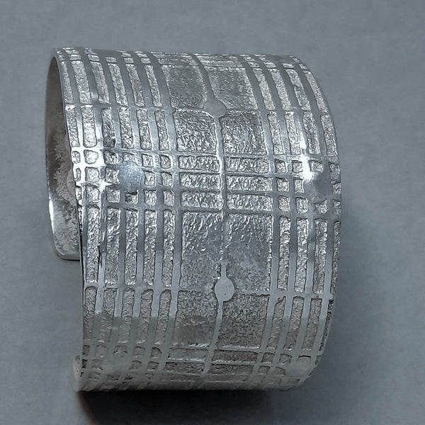 Large Navajo Silver Cuff Bracelet with Plaid Design by Gino Antonio 1.7/8" wide