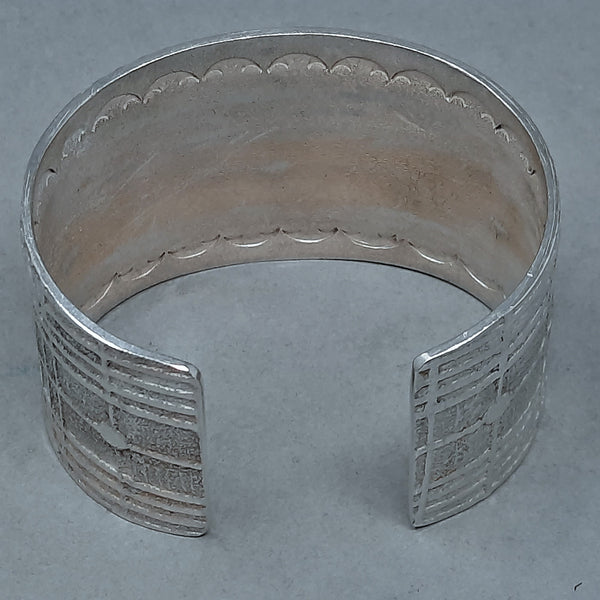 Large Navajo Silver Cuff Bracelet with Plaid Design by Gino Antonio 1.7/8" wide