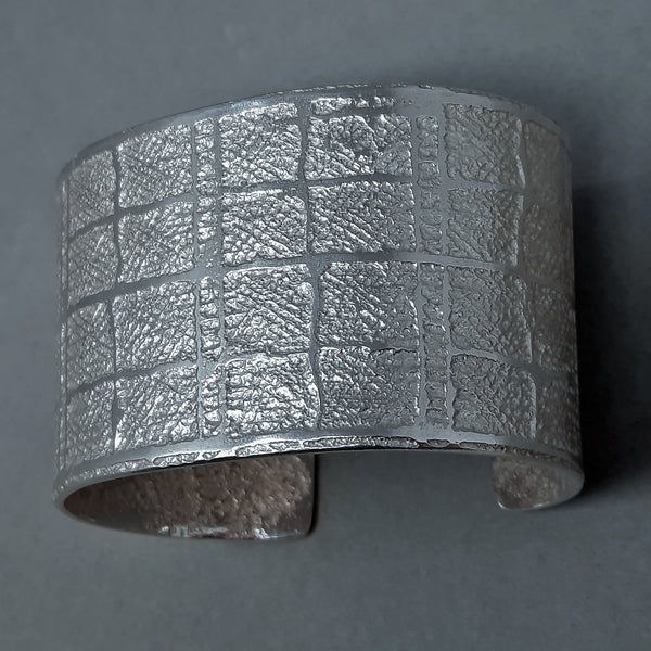 Large Navajo Silver Cuff Bracelet with Plaid Design by Gino Antonio 1.5/8" wide