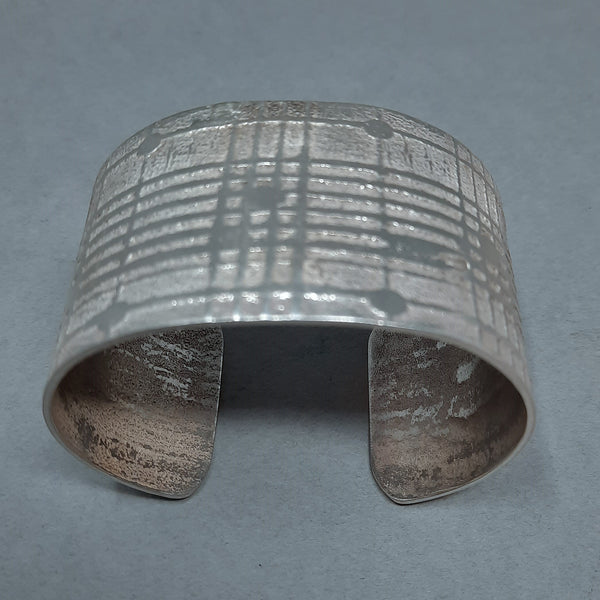 Large Navajo Silver Cuff Bracelet with Narrow Plaid Design by Gino Antonio 1.1/2" wide