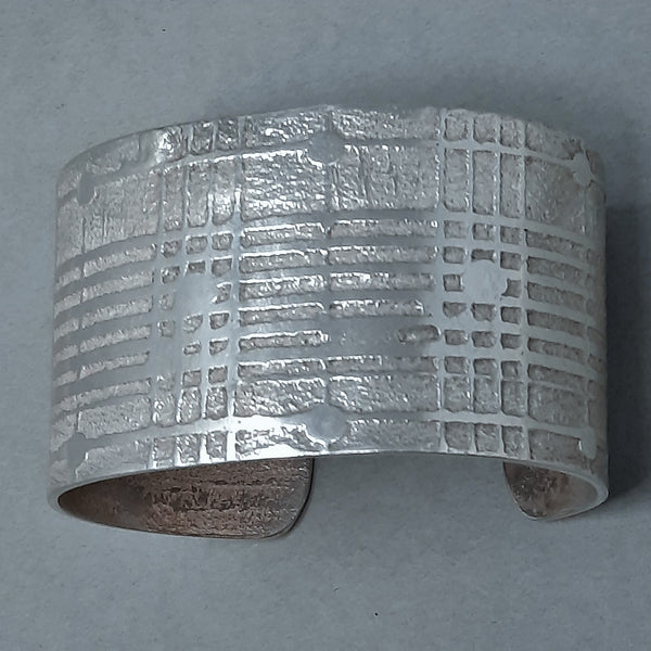 Large Navajo Silver Cuff Bracelet with Narrow Plaid Design by Gino Antonio 1.1/2" wide