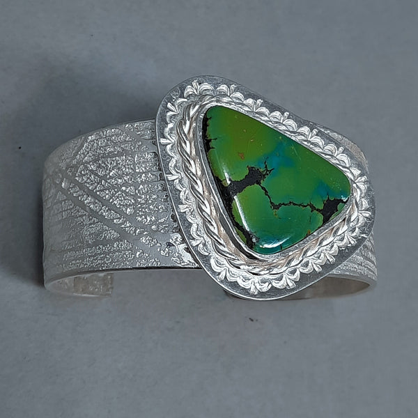 Navajo Silver and Turquoise Cuff Bracelet Plaid Design by Gino Antonio
