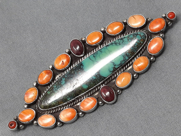 Navajo Silver and Turquoise, Sugilite, & Spiny Oyster Brooch / Pin