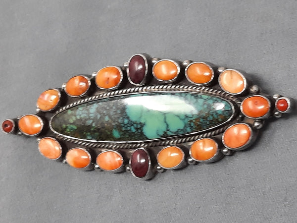 Navajo Silver and Turquoise, Sugilite, & Spiny Oyster Brooch / Pin