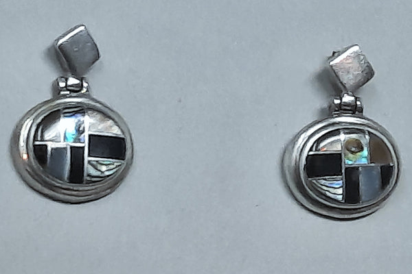 Navajo Sterling Silver Abalone and Jet Dangle Earrings Signed