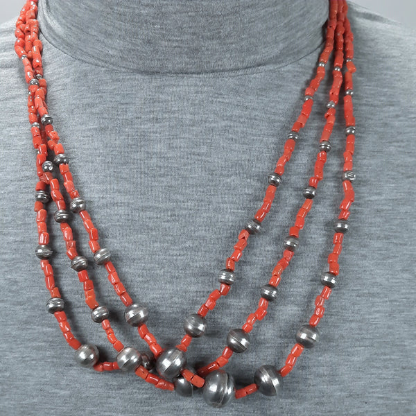 Vintage Navajo 3 strand coral and silver Bead necklace