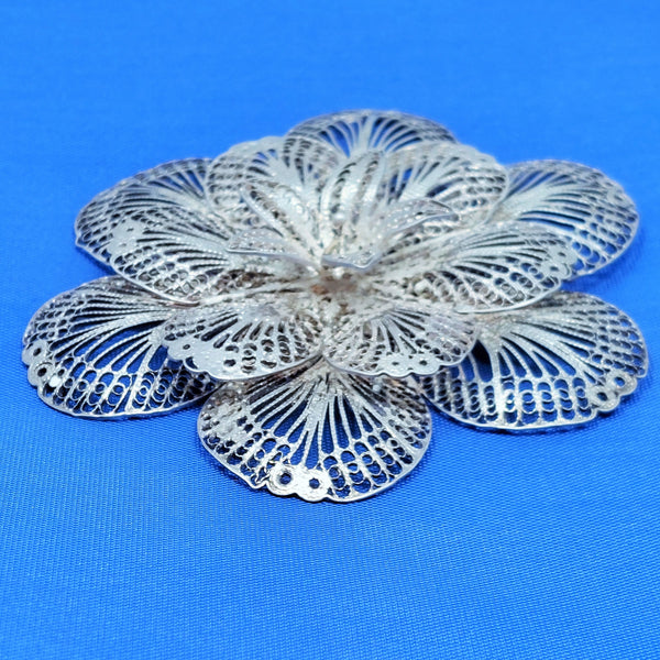 Elegant Vintage Sterling Silver Filigree Floral Brooch