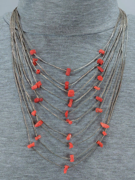 Vintage Navajo 10 strand coral and Liquid Silver necklace