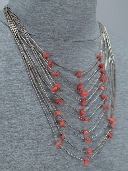 Vintage Navajo 10 strand coral and Liquid Silver necklace