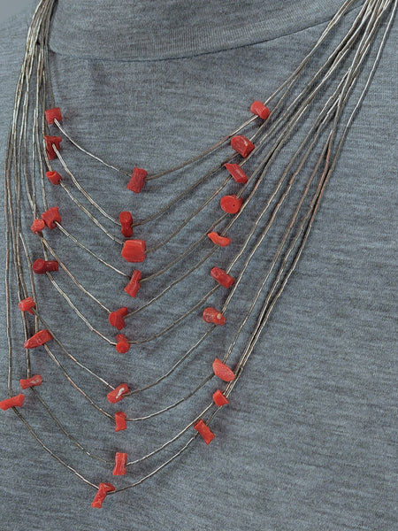 Vintage Navajo 10 strand coral and Liquid Silver necklace