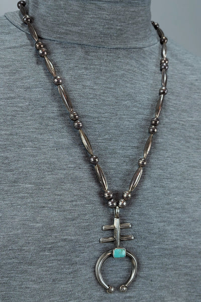 Hopi Silver & Turquoise Southwestern Old Pawn Cross Necklace signed