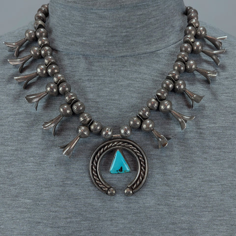 Old Pawn Turquoise &  Silver Squash Blossom Necklace