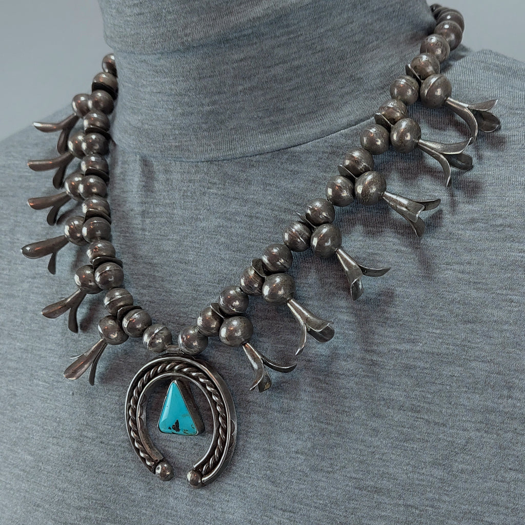 Navajo Natural Sleeping Beauty Turquoise Petit Point Cluster Squash Blossom  Necklace And Matching Earrings - NL#1203 - Native American Jewelry -  SilverTQ, LLC
