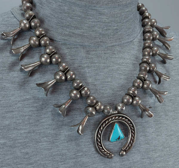 Old Pawn Turquoise &  Silver Squash Blossom Necklace