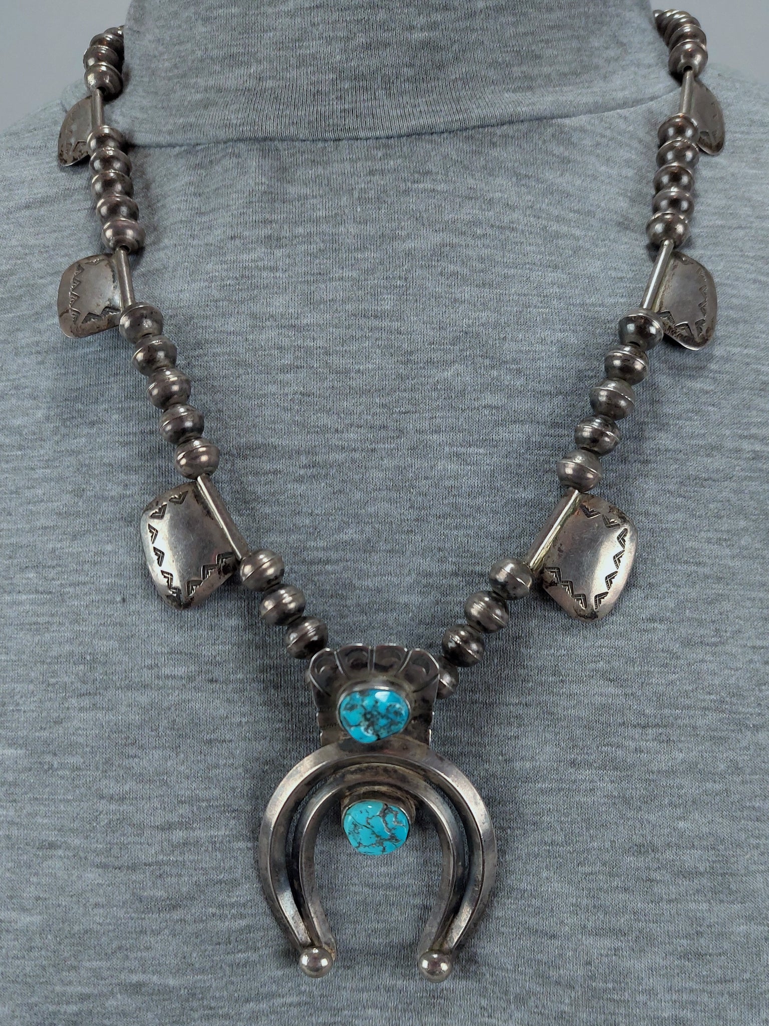 Unusual Old Pawn Turquoise & Silver Coin Squash Blossom Necklace NAVAJO