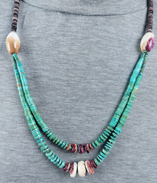 Vintage Turquoise and Shell Necklace with Heishi Beads and Silver findings 26"