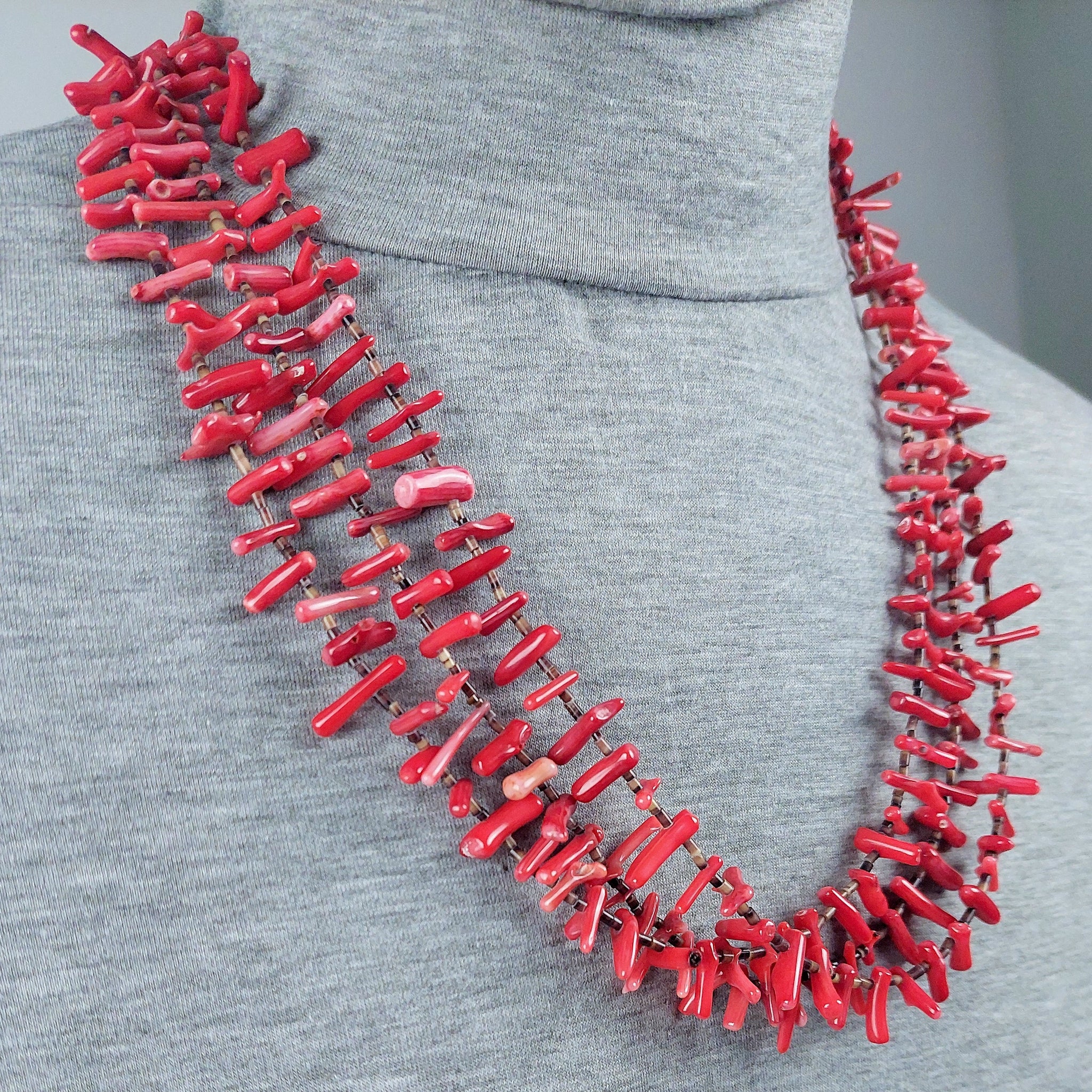 Vintage RED Coral and Heishi Bead Necklace 25" 3 Strand
